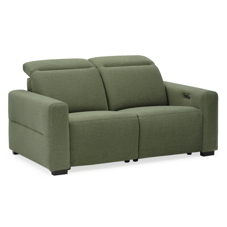 Green upholstered two-seat sofa with padded arms, divided cushions, and side controls.