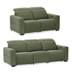 Green upholstered two-seat and three-seat sofas with padded backs and wide arms.