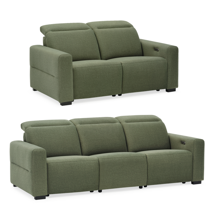 Green upholstered two-seat and three-seat sofas with padded backs and wide arms.