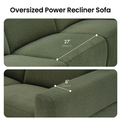 Green upholstered recliner sofa with measurement guides across two armrest views.