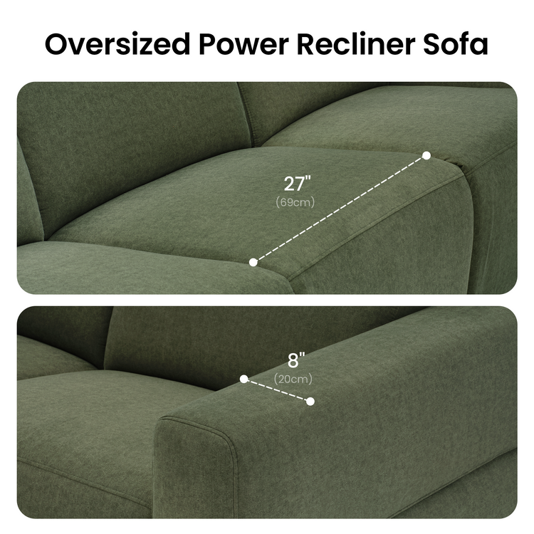 Green upholstered recliner sofa with measurement guides across two armrest views.