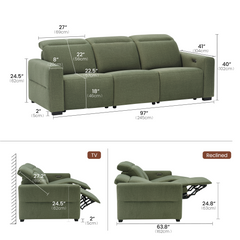 Dimension diagram of a green three-seat reclining sofa in upright and reclined positions.