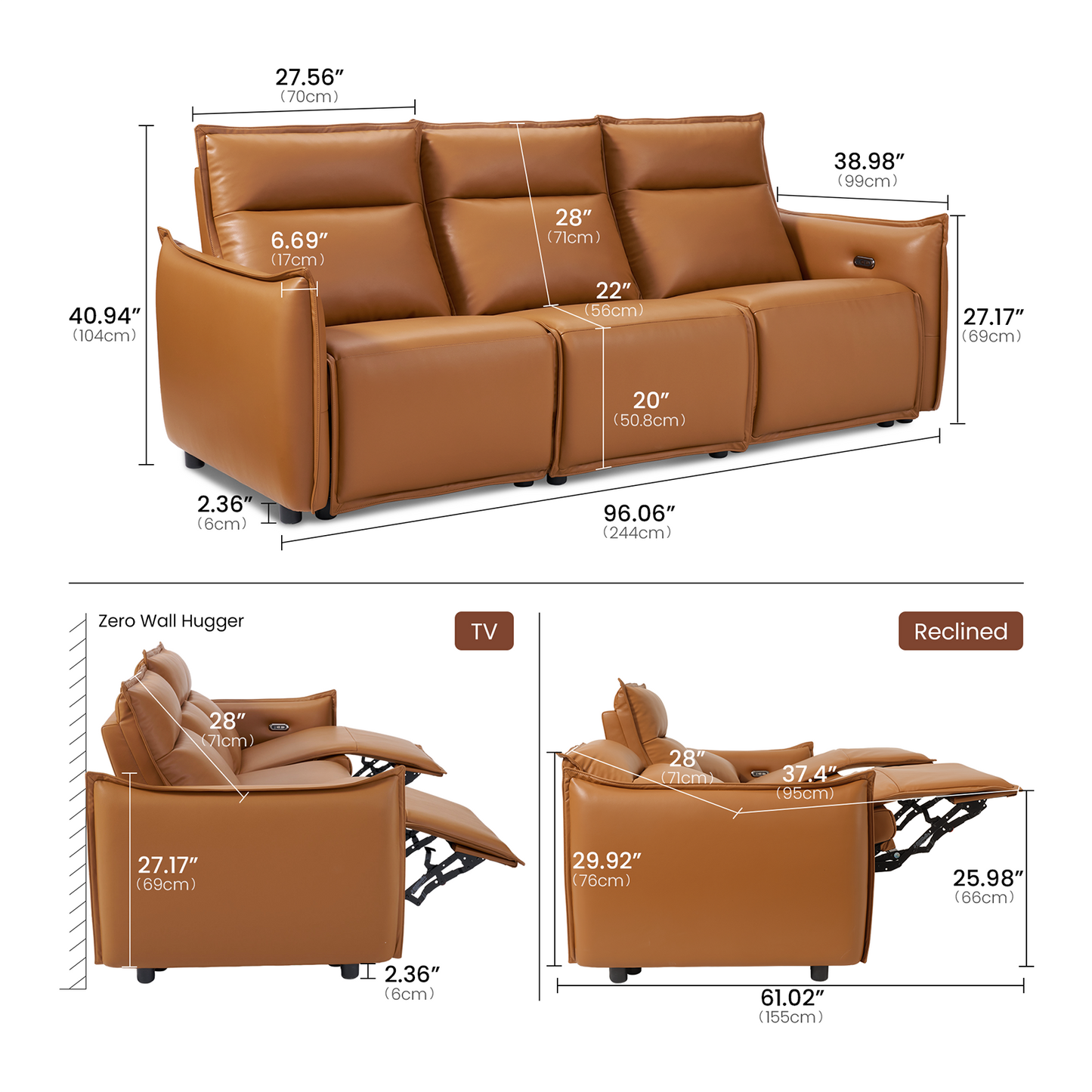 Frame 96" 3-Seater Power Reclining Sofa with Zero Gravity & USB-C, Orange