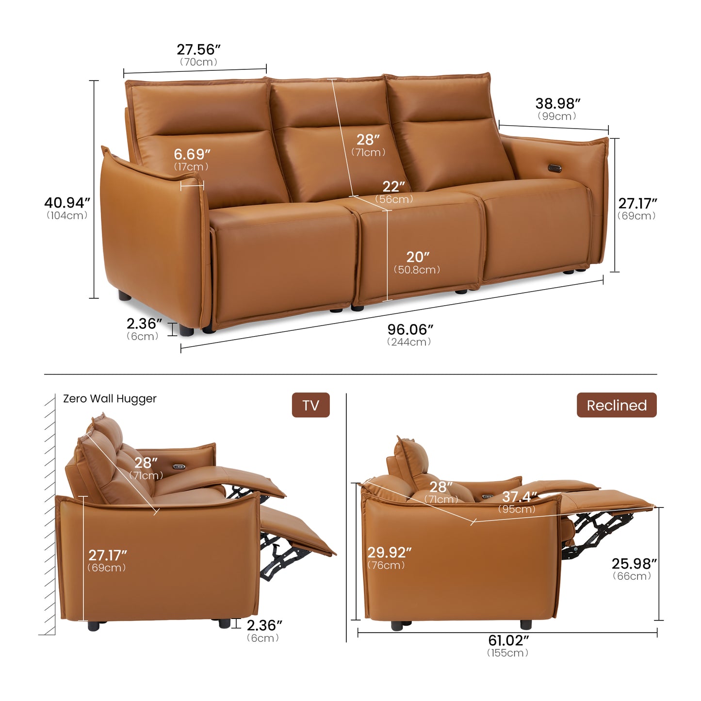 Frame 96" 3-Seater Power Reclining Sofa with Zero Gravity & USB-C, Orange