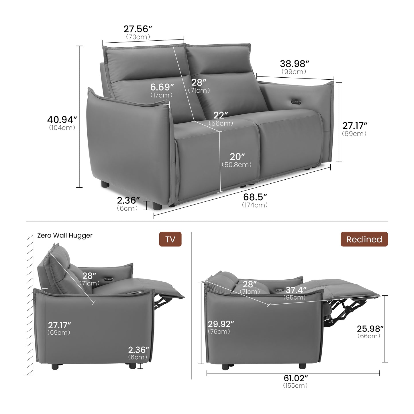Frame Power Reclining Sofa Loveseat with Zero Gravity & USB-C, Grey