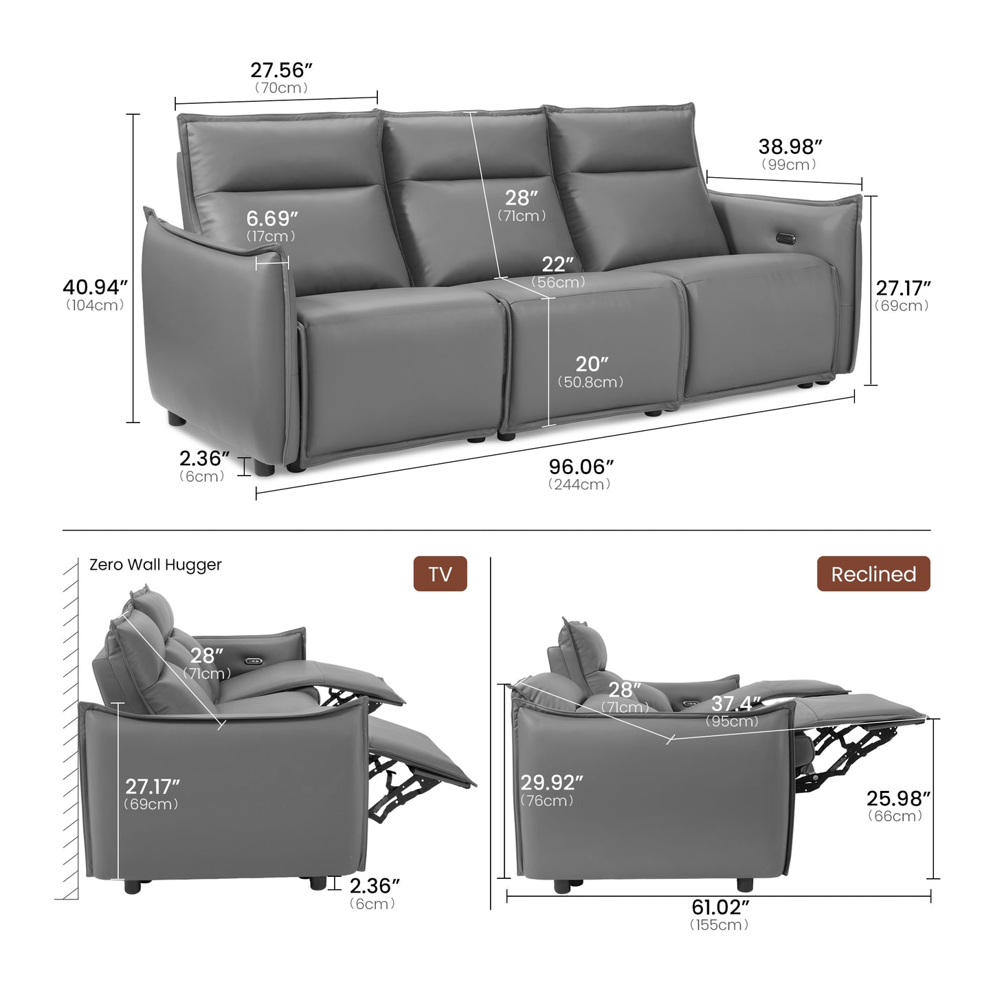 Frame 96" 3-Seater Power Reclining Sofa with Zero Gravity & USB-C, Grey