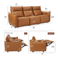 Brown three-seat reclining sofa shown upright, in TV position, and fully reclined with dimension labels.