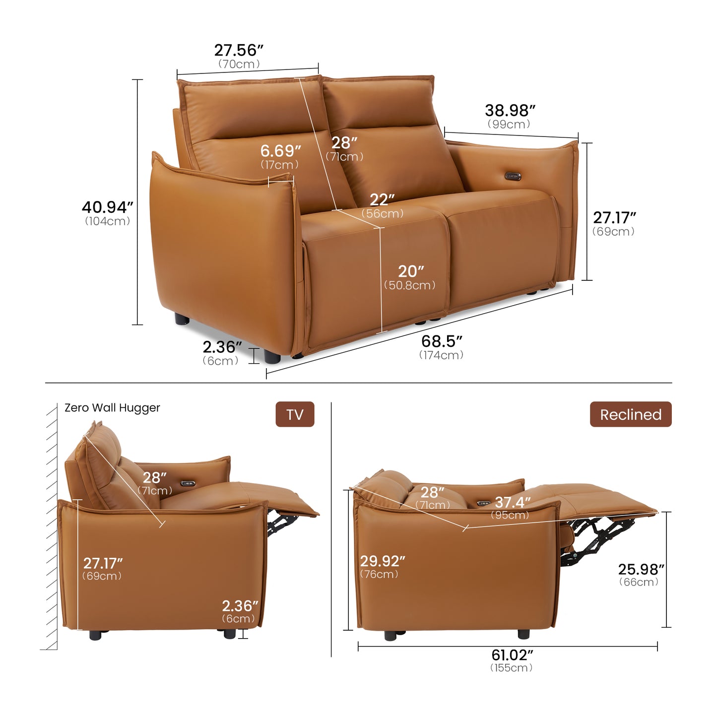 Frame Power Reclining Sofa  Loveseat with Zero Gravity & USB-C, Orange
