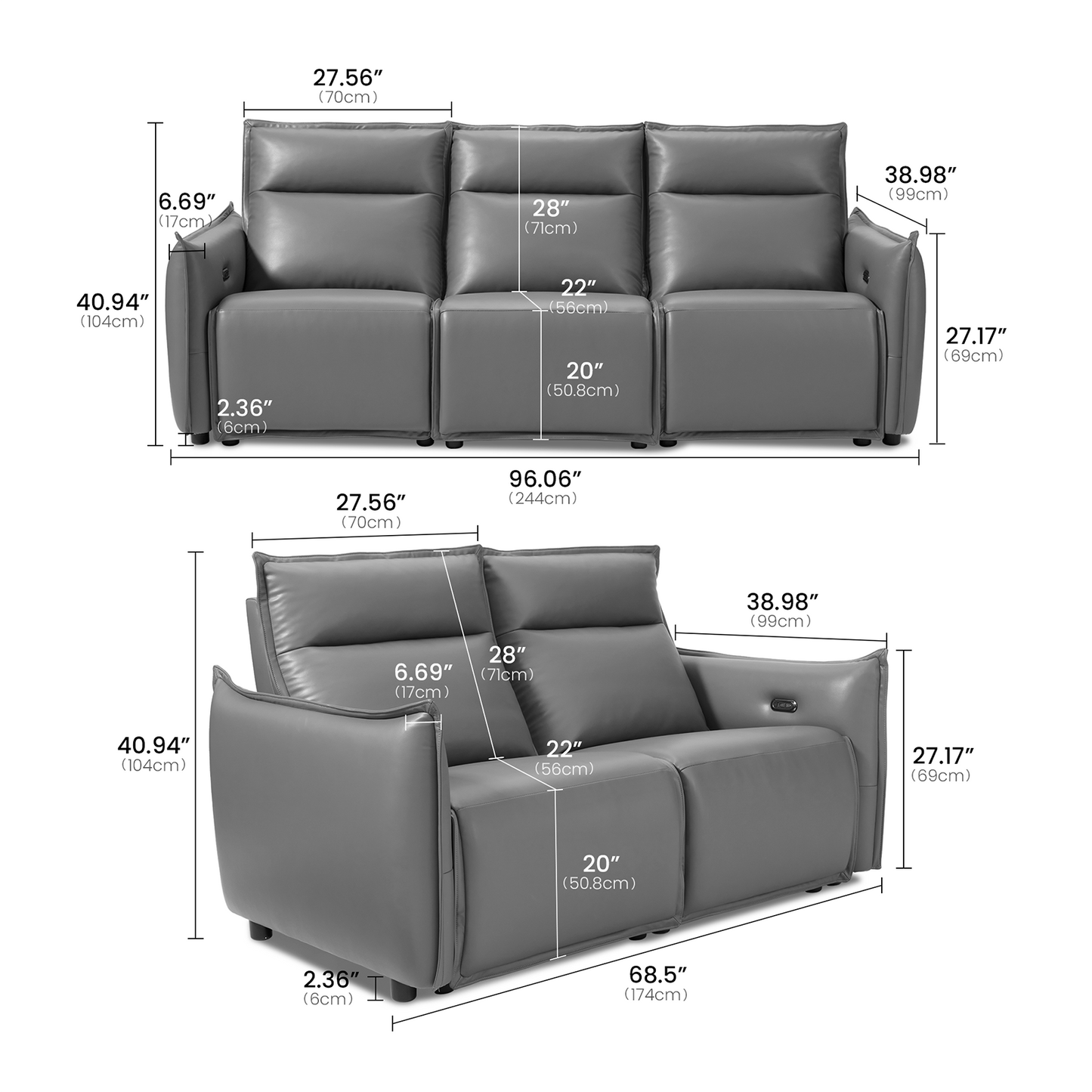 Frame Power Reclining Sofa Set with Zero Gravity & USB-C, Grey