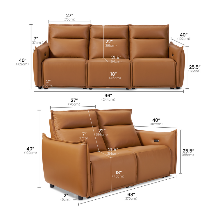 Front and angled views of a brown upholstered sofa with labeled dimensions.