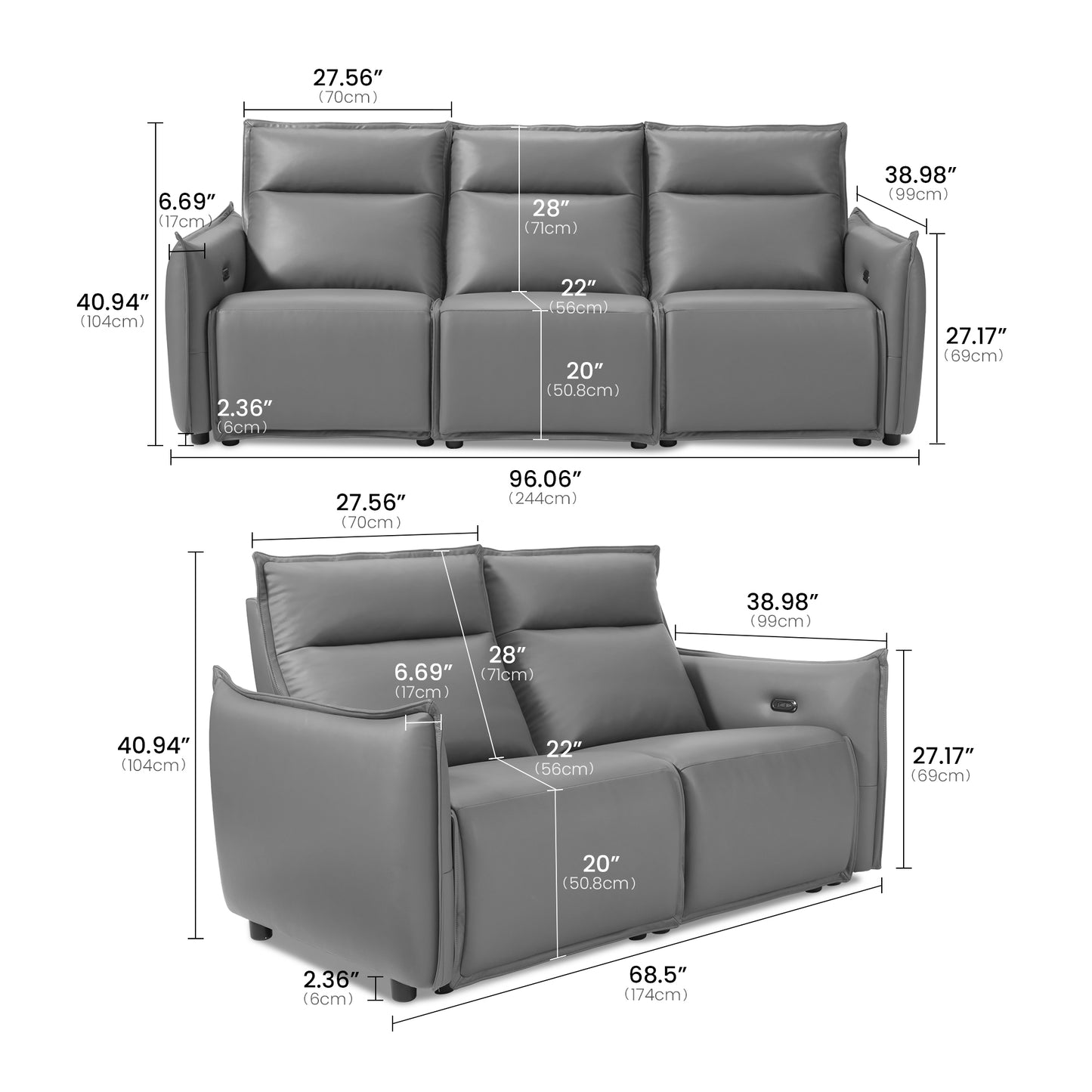 Frame Power Reclining Sofa Set with Zero Gravity & USB-C, Grey