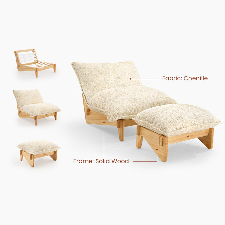 Accent Chair and Ottoman Set, Oversized Chenille Cloud Lounge Chair with Solid Wood Frame-Llia，Sandstone Beige