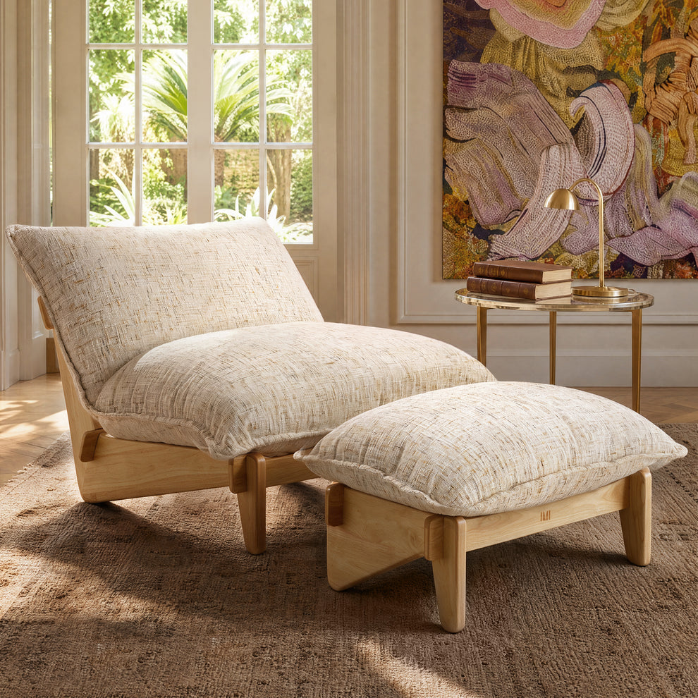 Accent Chair and Ottoman Set, Oversized Chenille Cloud Lounge Chair with Solid Wood Frame-Llia，Sandstone Beige