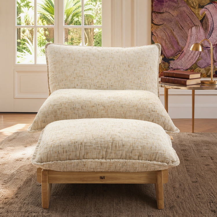 Accent Chair and Ottoman Set, Oversized Chenille Cloud Lounge Chair with Solid Wood Frame-Llia，Sandstone Beige