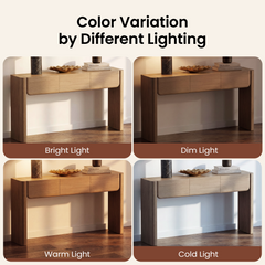 A four-panel comparison repeats the console table under different labeled lighting conditions