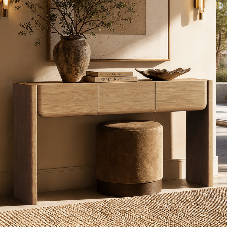 Light wood-toned console table shown in a furnished room