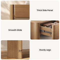 Close-ups show a wood-grain drawer, rounded side panel, and metal glide, Front leg width is 2.4 in