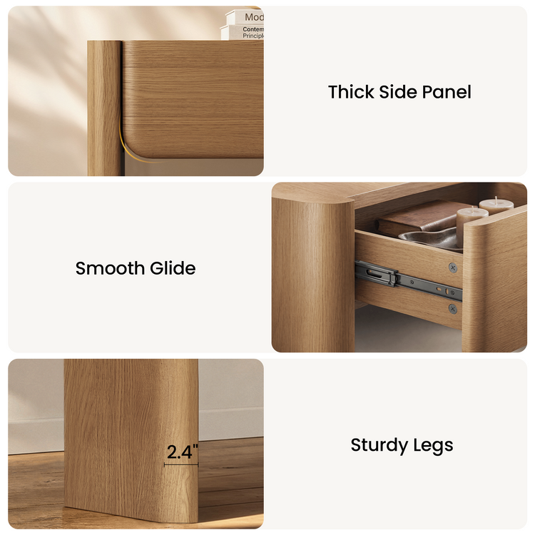 Close-ups show a wood-grain drawer, rounded side panel, and metal glide, Front leg width is 2.4 in