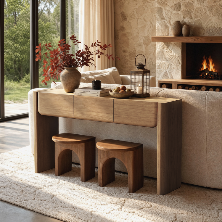 Light wood-grain console table with three drawers stands above two arch-shaped stools