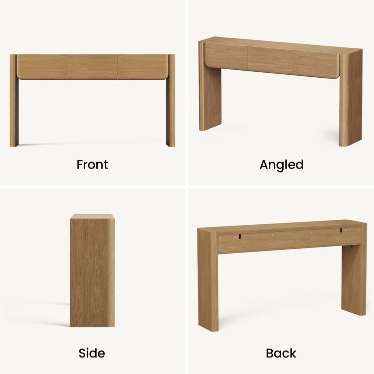 Four views show a narrow light wood console table with a shallow top compartment and slab-style legs