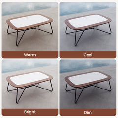 The same coffee table scene appears in four side-by-side comparison panels