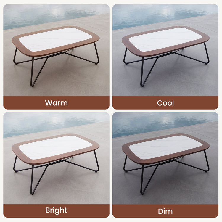 The same coffee table scene appears in four side-by-side comparison panels