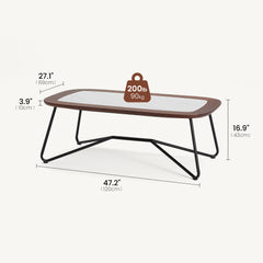 The table has a rounded rectangular top, An angular tubular frame supports the top