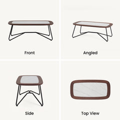 Four views show a low rounded coffee table with a brown top and black bent-wire legs