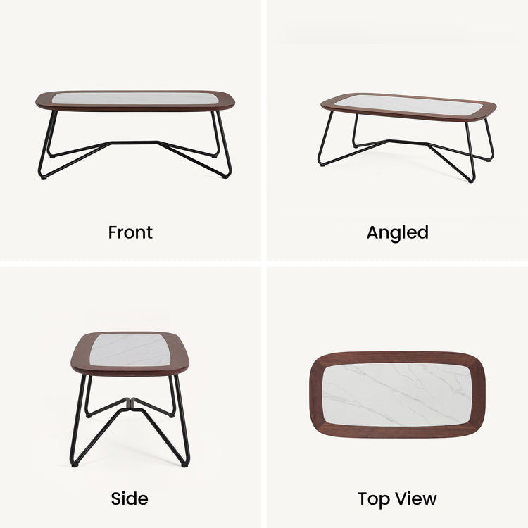 Four views show a low rounded coffee table with a brown top and black bent-wire legs