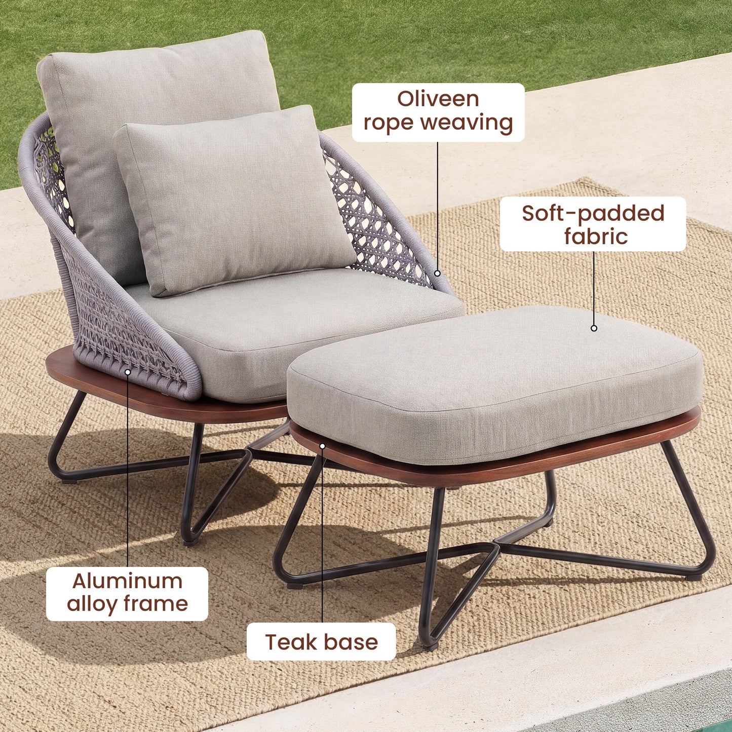 [Pre-Sale] Amalfi Woven Rope Lounge Chair & Ottoman with Teak Base