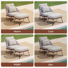 Four panels show the same chair and ottoman under labeled lighting conditions