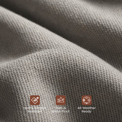 A close-up shows gray woven fabric draped in soft folds