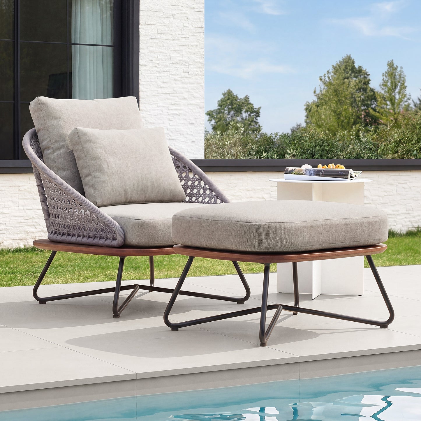 [Pre-Sale] Amalfi Woven Rope Lounge Chair & Ottoman with Teak Base