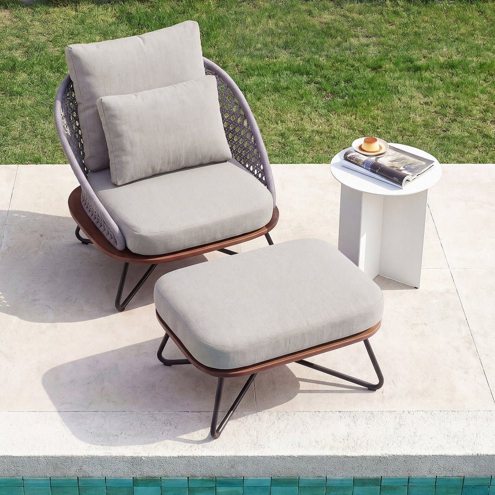 Amalfi 33" Outdoor Woven Rope Lounge Chair & Ottoman Set with Solid Teak Base