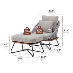 A lounge chair has a cushioned seat and back, A matching footstool sits in front
