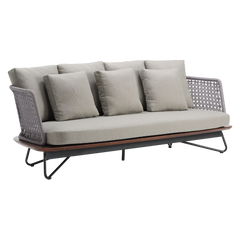 Gray cushioned outdoor sofa shown against a plain white background