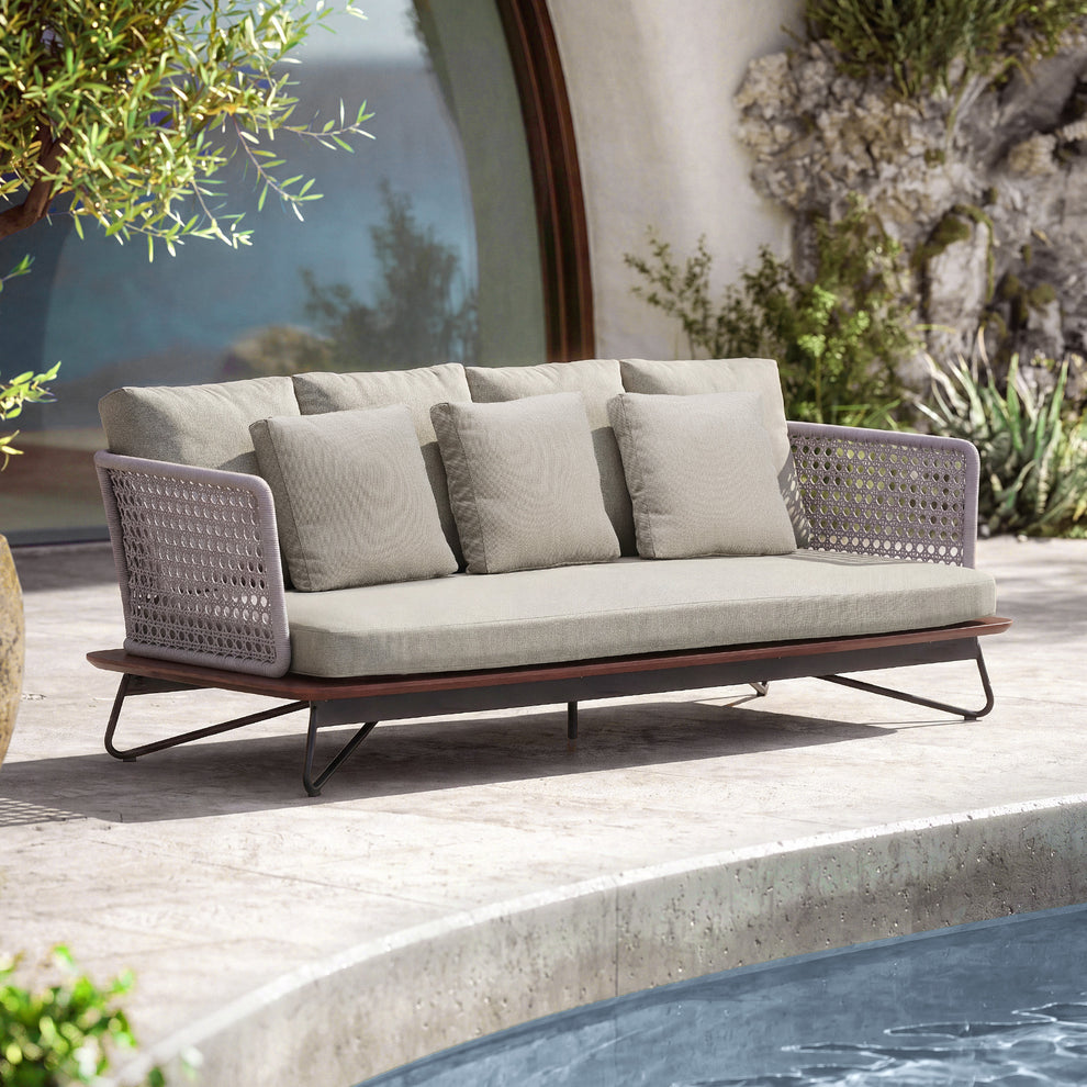 Amalfi 84.6" Woven Rope Outdoor 3-Seat Sofa with Teak Wood Base