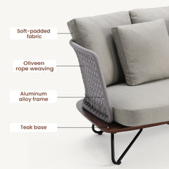 Labels identify padded fabric, rope weaving, aluminum frame, and teak base
