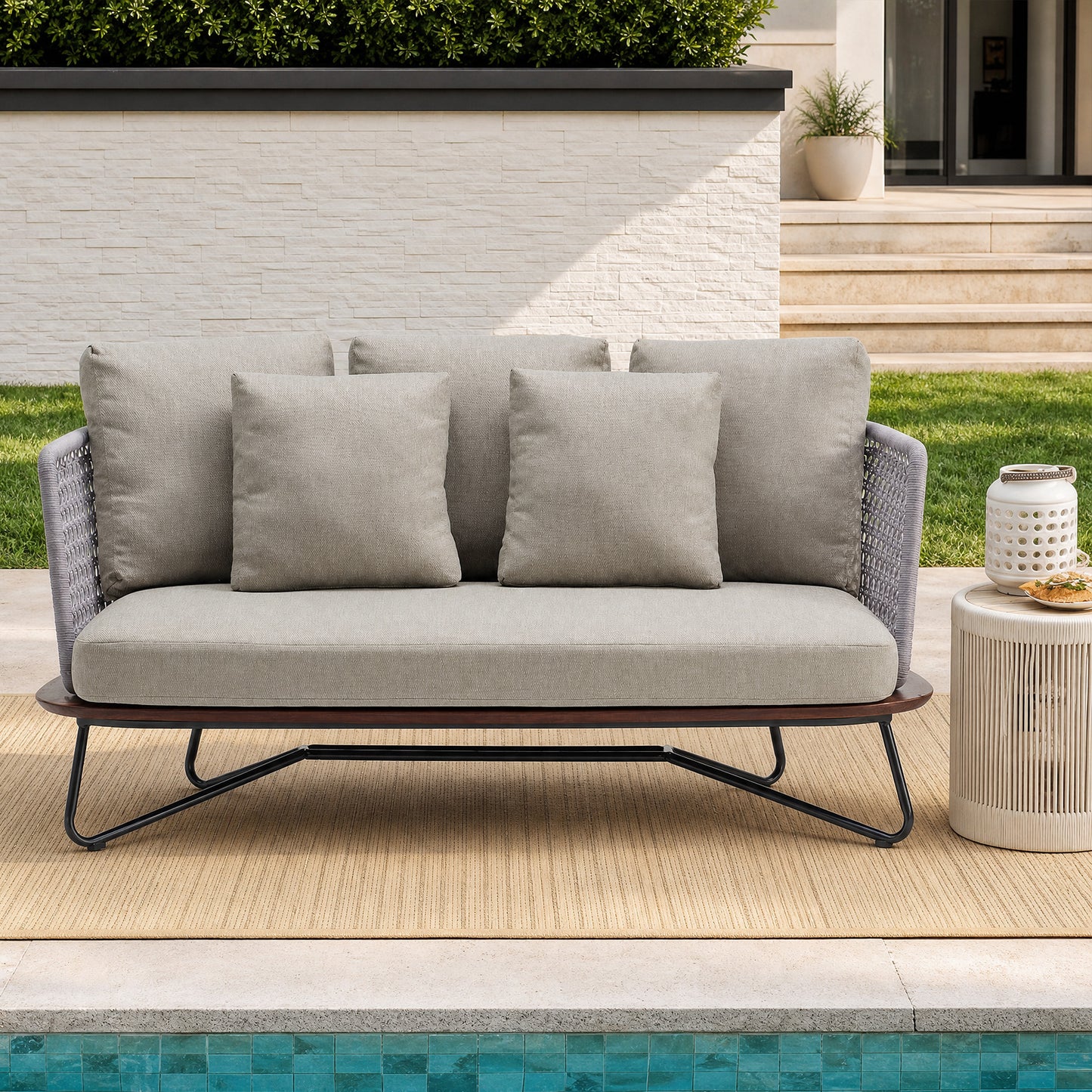 [Pre-Sale] Amalfi Woven Rope Outdoor Loveseat with Teak Base