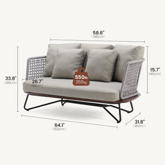 A two-seat cushioned loveseat is shown with measurement lines and open lattice sides