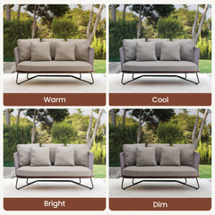 The same sofa scene appears in four side-by-side comparison panels
