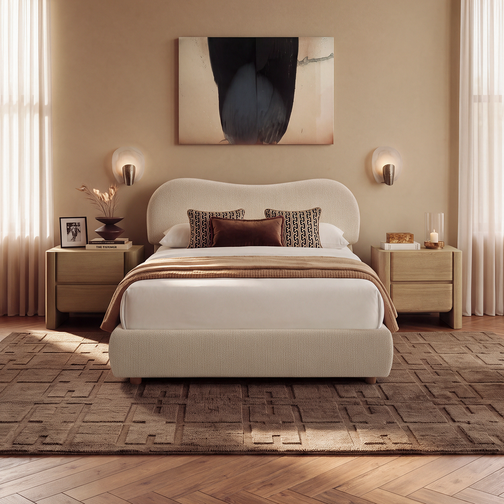 Estructura de cama con almacenamiento abatible y cabecero tapizado – Arcella, beige