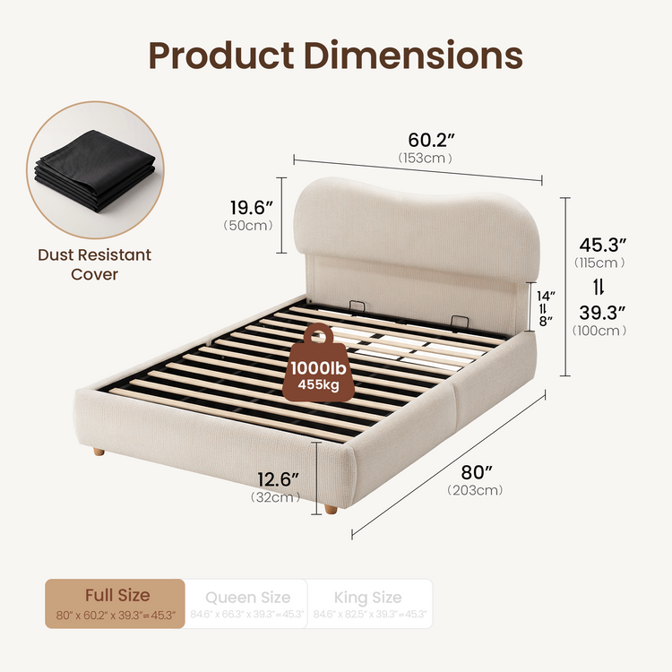 Estructura de cama con almacenamiento abatible y cabecero tapizado – Arcella, beige