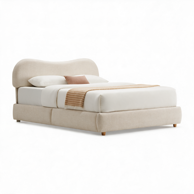 Estructura de cama con almacenamiento abatible y cabecero tapizado – Arcella, beige