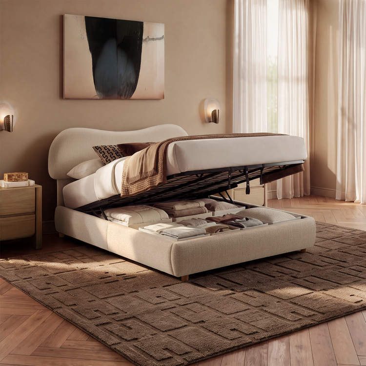 Estructura de cama con almacenamiento abatible y cabecero tapizado – Arcella, beige