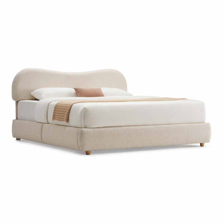 King Lift-Up Storage Bed Frame with Upholstered Headboard – Arcella, Beige