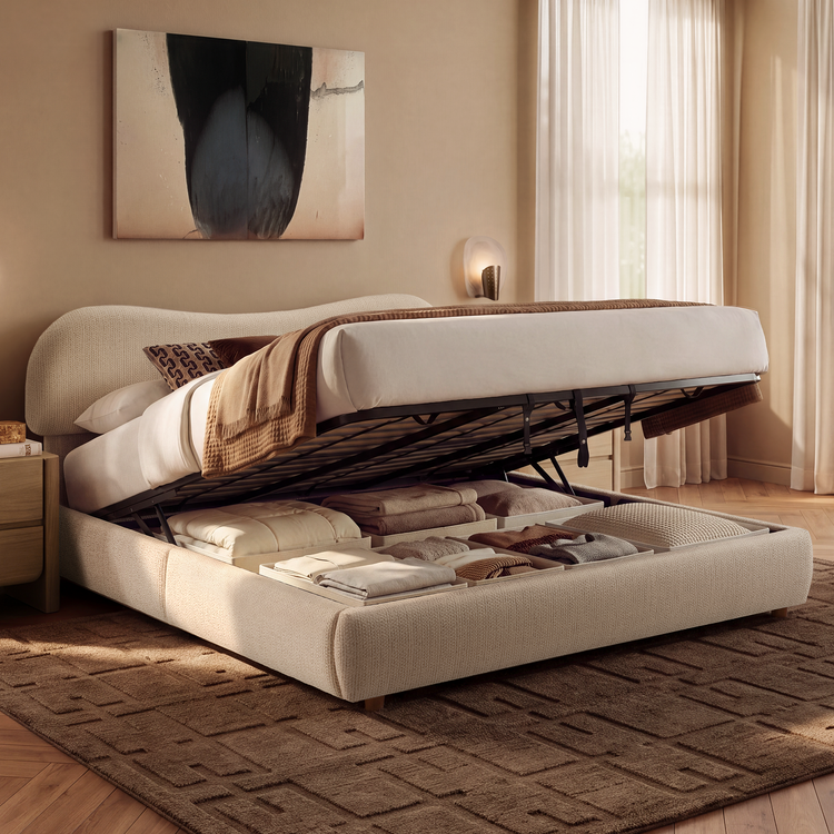 King Lift-Up Storage Bed Frame with Upholstered Headboard – Arcella, Beige