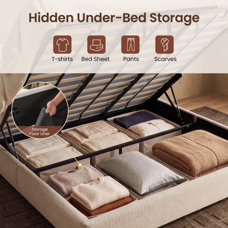 Queen Lift-Up Storage Bed Frame with Upholstered Headboard – Arcella, Beige