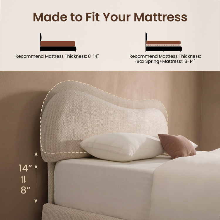 Queen Lift-Up Storage Bed Frame with Upholstered Headboard – Arcella, Beige