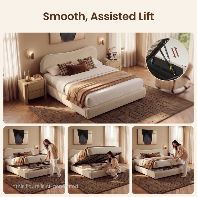 Queen Lift-Up Storage Bed Frame with Upholstered Headboard – Arcella, Beige